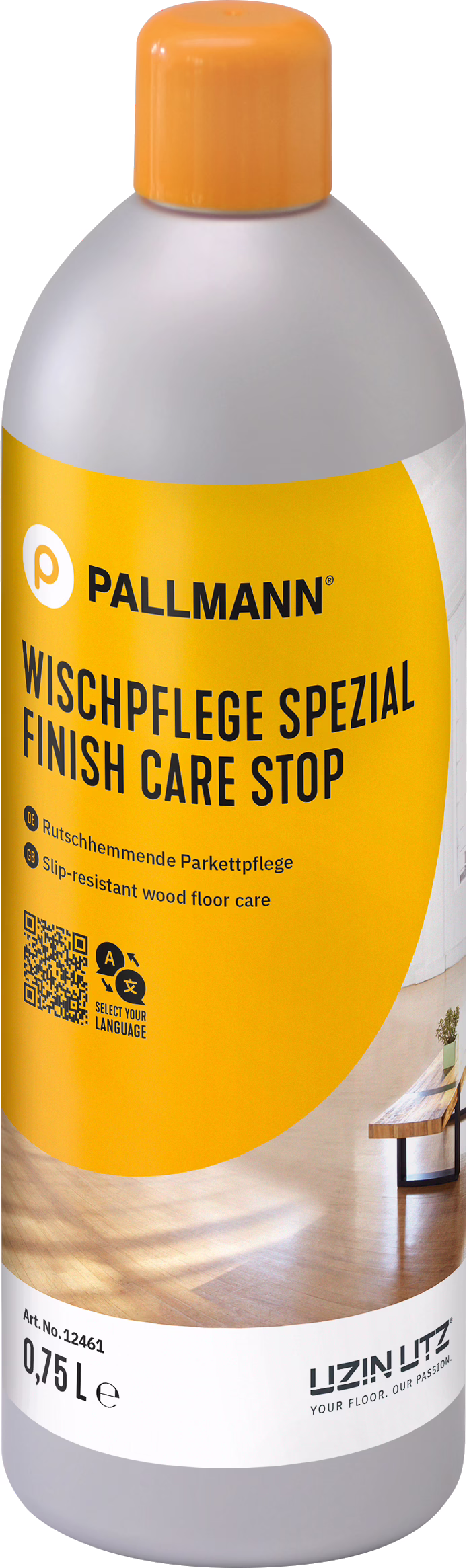 Plastflaska från Pallmann 'Finish Care Stop' — halkskyddande underhåll för trägolv, grå‑gul flaska med orange kork, 0,75 l, med varumärkeslogotyp och produktetikett.