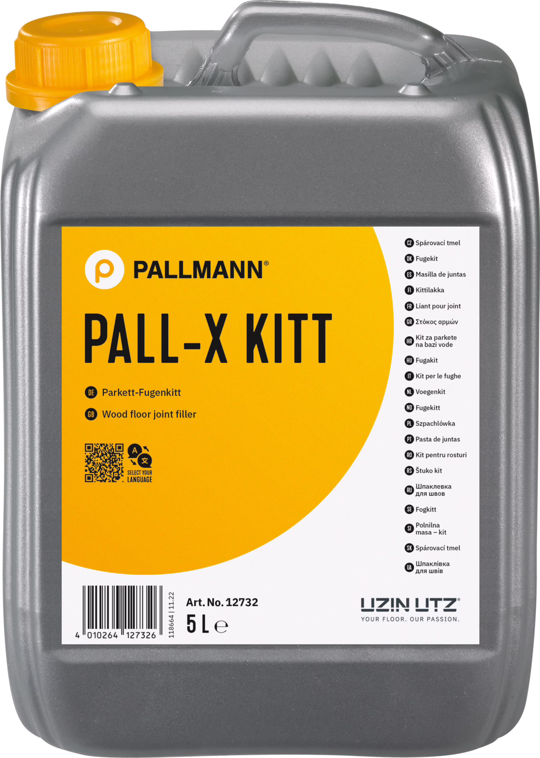PALLMANN_dummy_Pall-X-Kitt_5l_msl_2021-12 Grå 5-liters plastdunk med gul skruvkork, avsedd för fogmassa till trägolv. Framsidan har en stor orange-vit etikett med varumärket PALLMANN och produktnamnet PALL-X KITT i feta svarta bokstäver. Etiketten anger Parkett-Fugenkitt och Wood floor joint filler, streckkod, QR-kod, artikelnummer Art. No. 12732 och volym 5 L samt UZIN UTZ-logotypen. Dunkens överdel har ett inbyggt handtag och en strukturerad grå yta.
