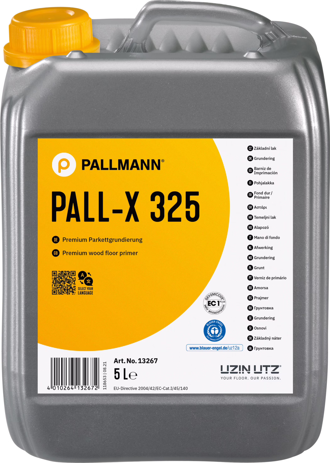 PALLMANN_dummy_Pall-X-325_5l_msl_2021-12 En grå plastdunk på 5 liter med en stor gul etikett 'PALL-X 325', primer för trägolv från Pallmann; orange skruvkork och produktinformation på etiketten.