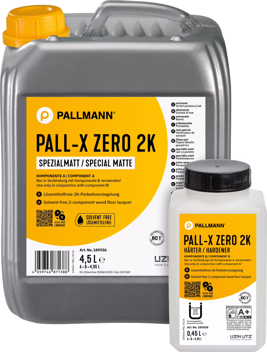 Close-up photograph of two plastic containers of Pallmann PALL-X ZERO 2K wood floor lacquer: a large grey jerrycan with an orange label reading 'PALL-X ZERO 2K SPECIAL MATTE' and a smaller white hardener bottle with a black screw cap and a matching orange label; the grey container shows a yellow screw cap, a 4.5 L capacity marking, multilingual instructions, a solvent-free icon, a QR code and product numbers; the containers are cropped against a white background.