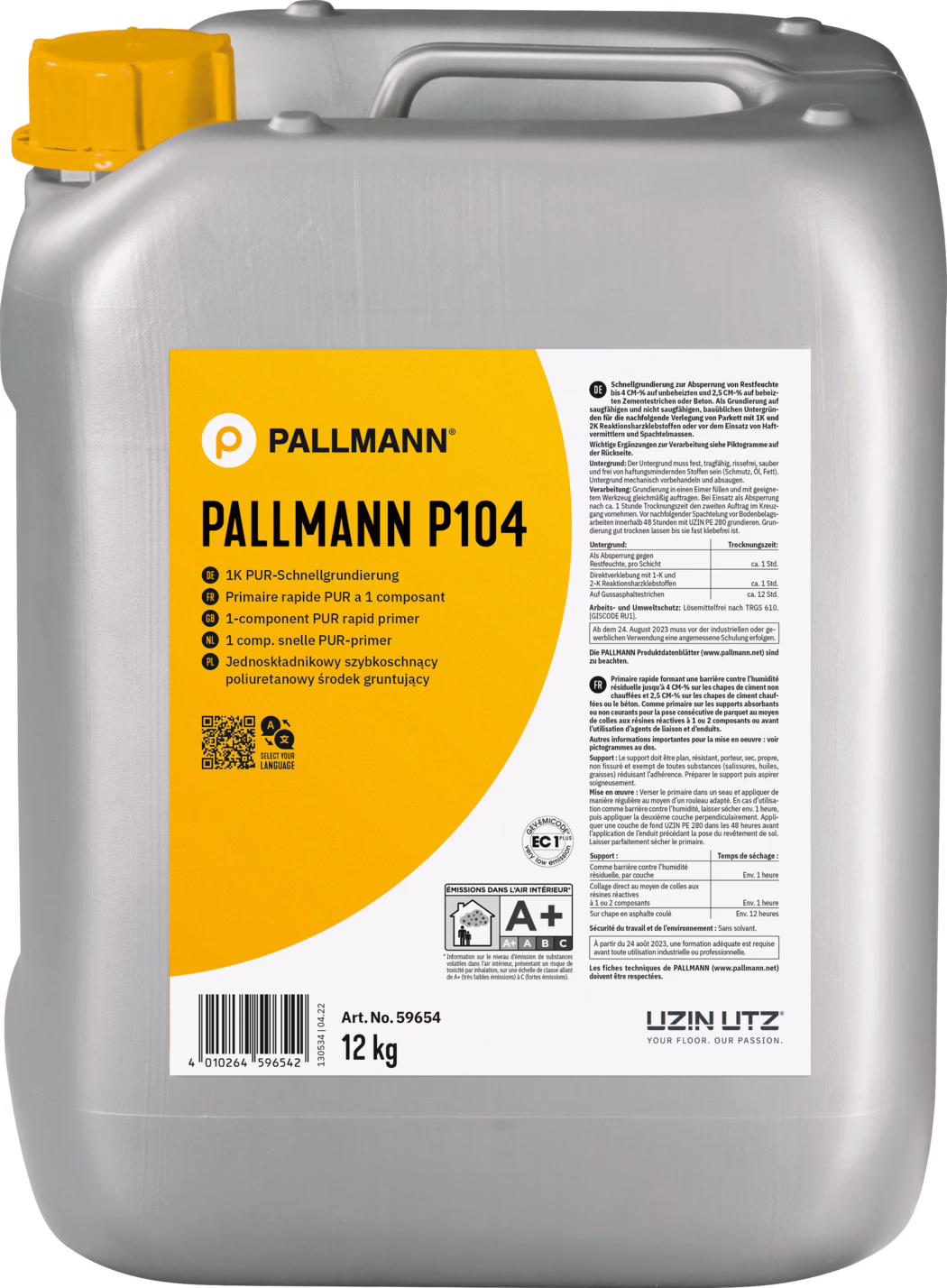 PALLMANN_dummy_PALLMANN-P104_12kg_msl_2021-12 En stor silverbehållare märkt PALLMANN P104, som innehåller 12 kg av en 1-komponents PUR snabbtorkande primer. Förpackningen anger att den är avsedd för snabb torkning och är lämplig för olika ytor. Etiketten innehåller instruktioner, säkerhetsinformation och användningsanvisningar på flera språk. En QR-kod finns också för mer information.