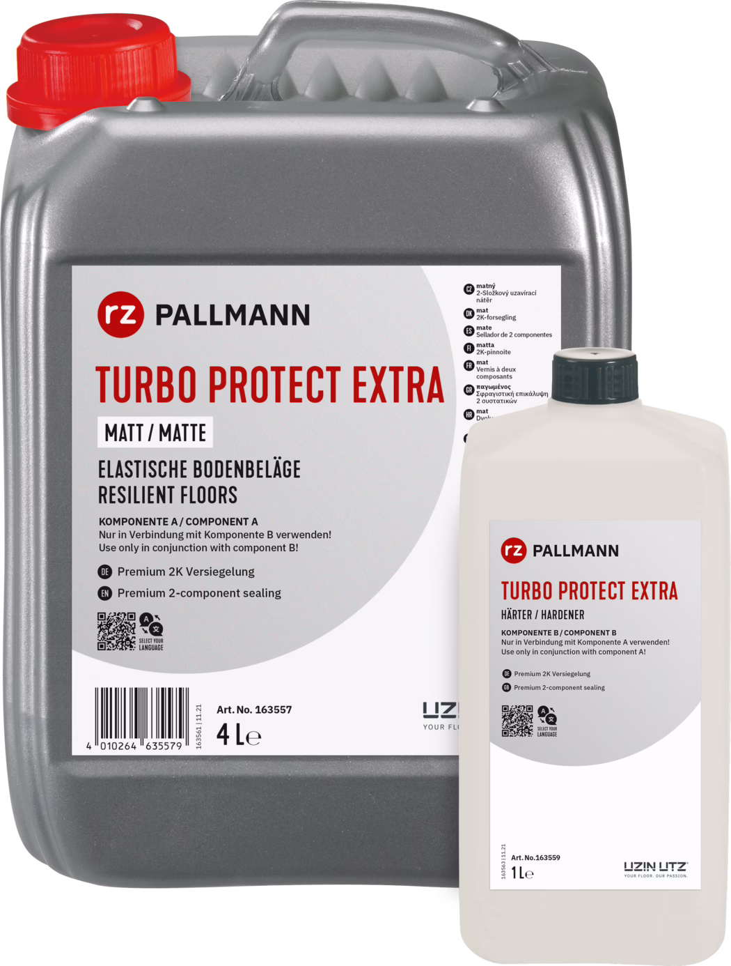 PALLMANN_RZ_dummy_Turbo-Protect-Extra_matt_5l_zudem_2021-12 Close-up of two plastic containers of floor protection product labeled "Pallmann Turbo Protect Extra". A large metallic-gray 4 L jerrycan with a red screw cap and integrated handle fills the left side; its white label shows the red "rz" logo, bold red product name, "MATT / MATTE" finish designation, multilingual instructions and icons, a barcode and a QR code. In front and to the right stands a smaller white 1 L bottle with a black cap and a matching label marked as the hardener/component B. Both containers are photographed on a white background; the image highlights packaging details, text blocks and cap colors for easy identification.
