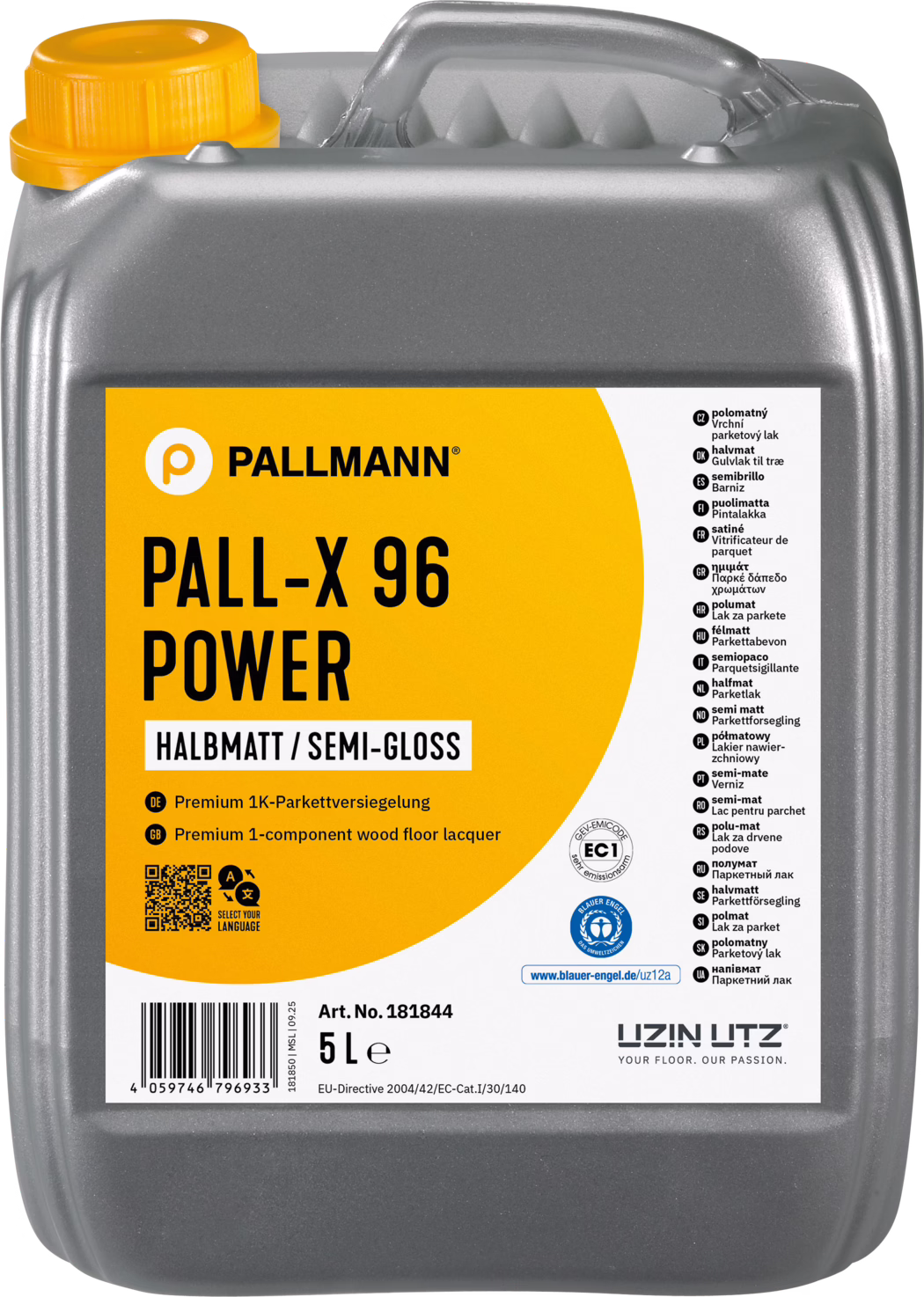 A large grey 5-litre plastic jerrycan of Pallmann PALL-X 96 Power wood floor lacquer. The rectangular container has an integrated handle on top, a bright yellow screw cap and an orange-and-white product label on the front that reads 'PALL-X 96 POWER' and 'HALBMATT / SEMI-GLOSS'. The label shows multilingual instructions and symbols, a barcode, an article number (Art. No. 181844) and the manufacturer logo UZIN UTZ. Studio product photo on a white background clearly showing the container shape, label details and capacity.