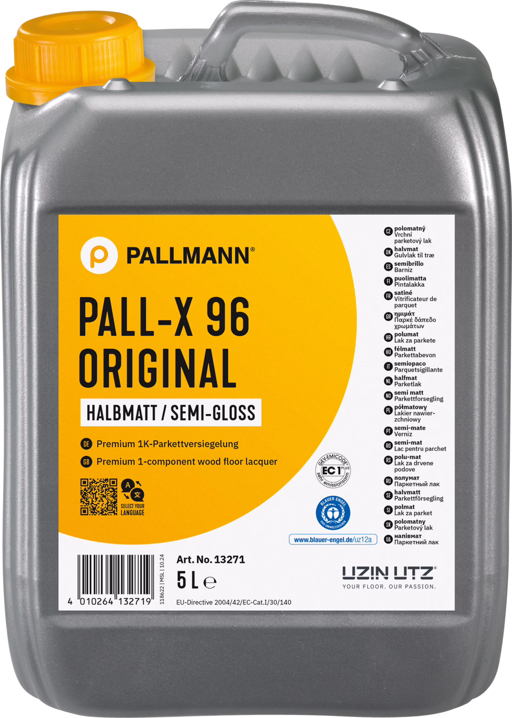 Grå plastdunk på 5 liter från Pallmann: PALL-X 96 Original, halvblank parkettlack. Den rektangulära behållaren har ett integrerat handtag på toppen och en gul skruvkork; etiketten är orange med svart 'PALL-X 96 ORIGINAL'-text och en vit del med flerspråkig produktinformation och certifikatmärken (inkl. Blauer Engel). Etiketten visar 'Halbmatt / Semi-Gloss', 'Premium 1-component wood floor lacquer', artikelnummer 13271, streckkod och '5 L'. Avsedd för att skydda och avsluta trägolv; enkomponents vattenburen lack för proffs och gör-det-självare. Dunkens yta och form visar typiska tillverkningsstrukturer; lämplig för applicering med pensel, roller eller maskin.