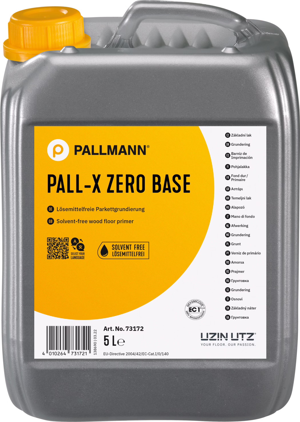 PALLMANN_dummy_Pall-X-Zero-Base_5l_msl_2021-12 En behållare av Pallmann PALL-X ZERO BASE, en lösningsmedelsfri träplatta primer. Behållaren är grå med en ljusgul etikett som tydligt visar produktnamnet. Den innehåller flera översättningar av 'primer' på olika språk och en streckkod längst ner. Behållaren har ett gult lock och ett handtag för enkel bärning.